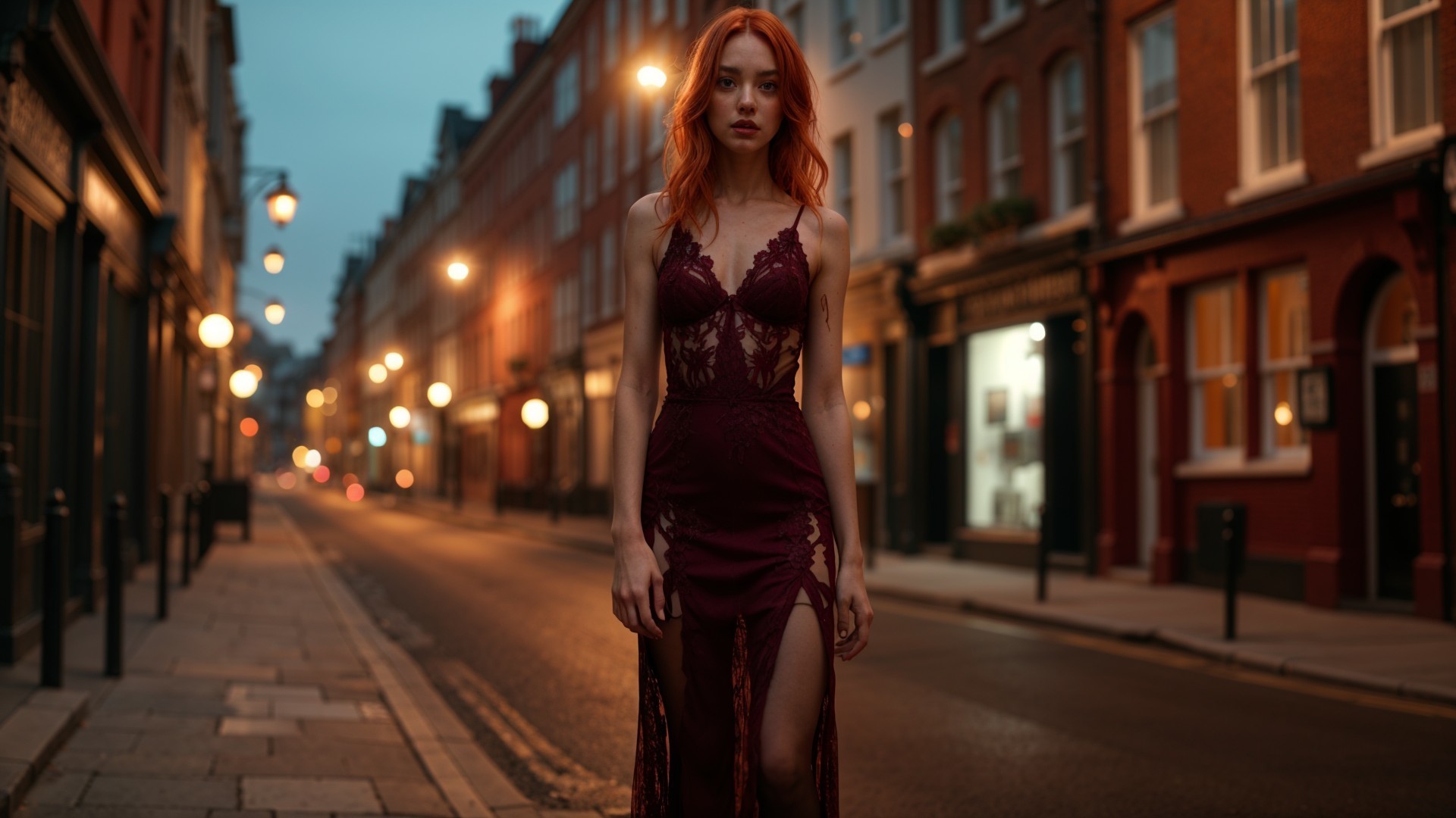 Young Woman in Burgundy Dress on Dusk Street