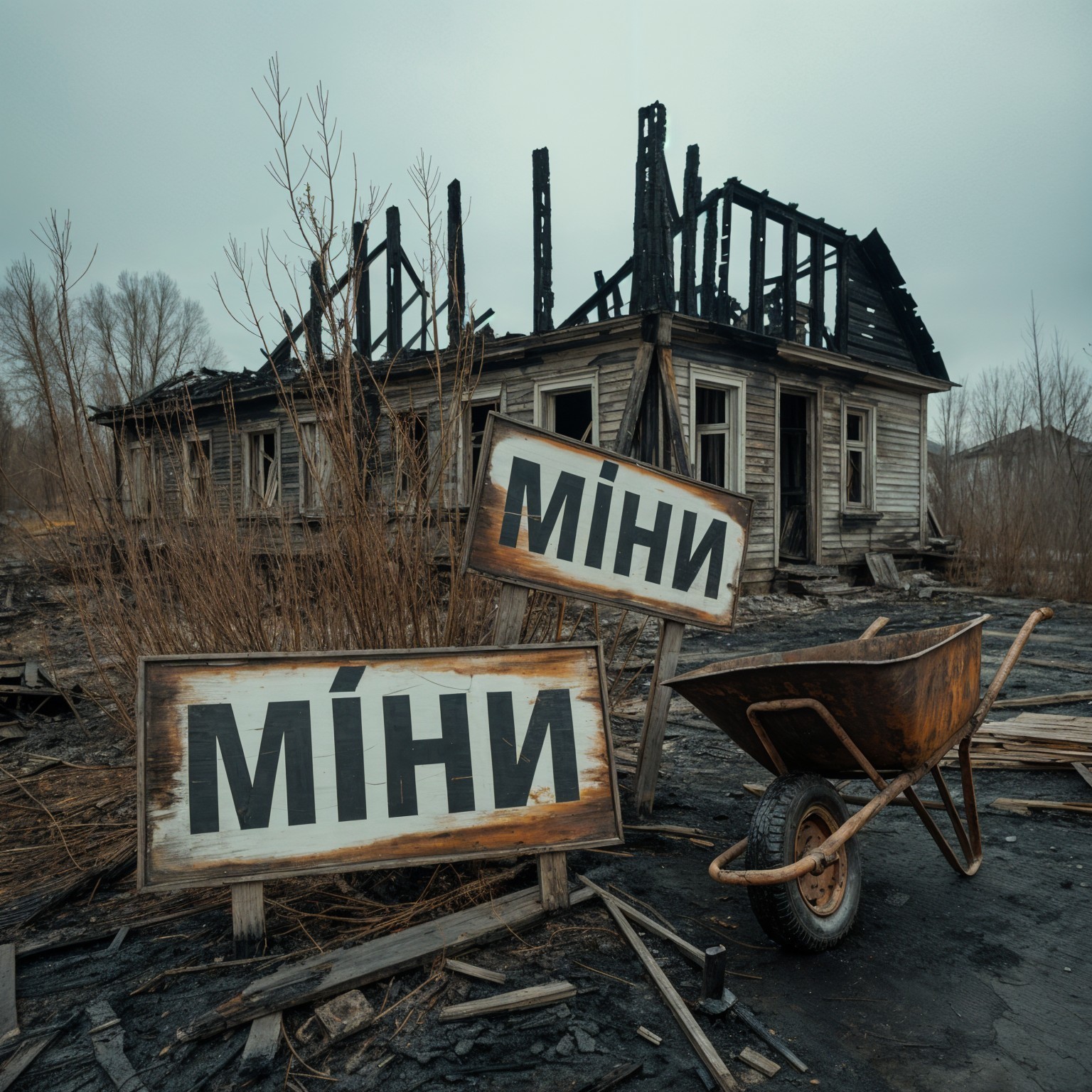 Desolate Landscape with Charred Building and Signs