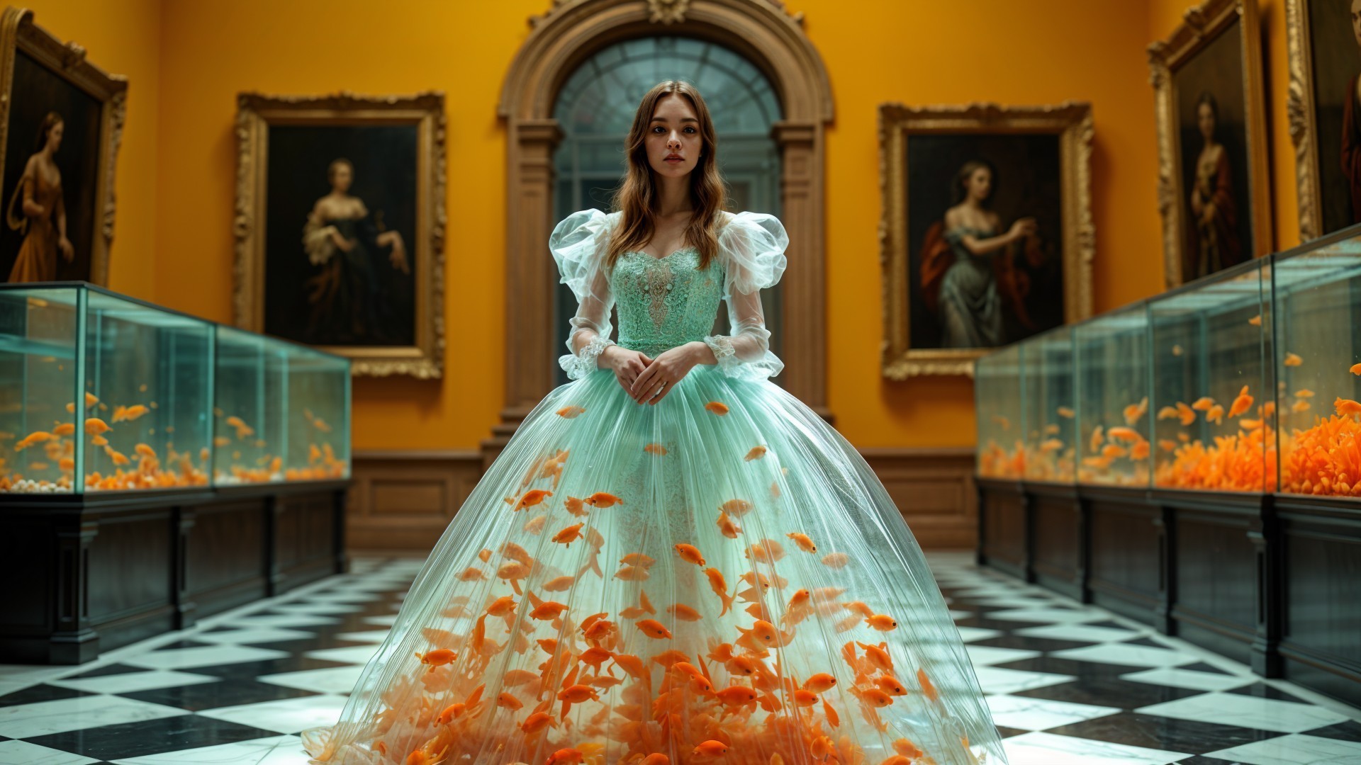 Young Woman in Whimsical Gown in Art Gallery
