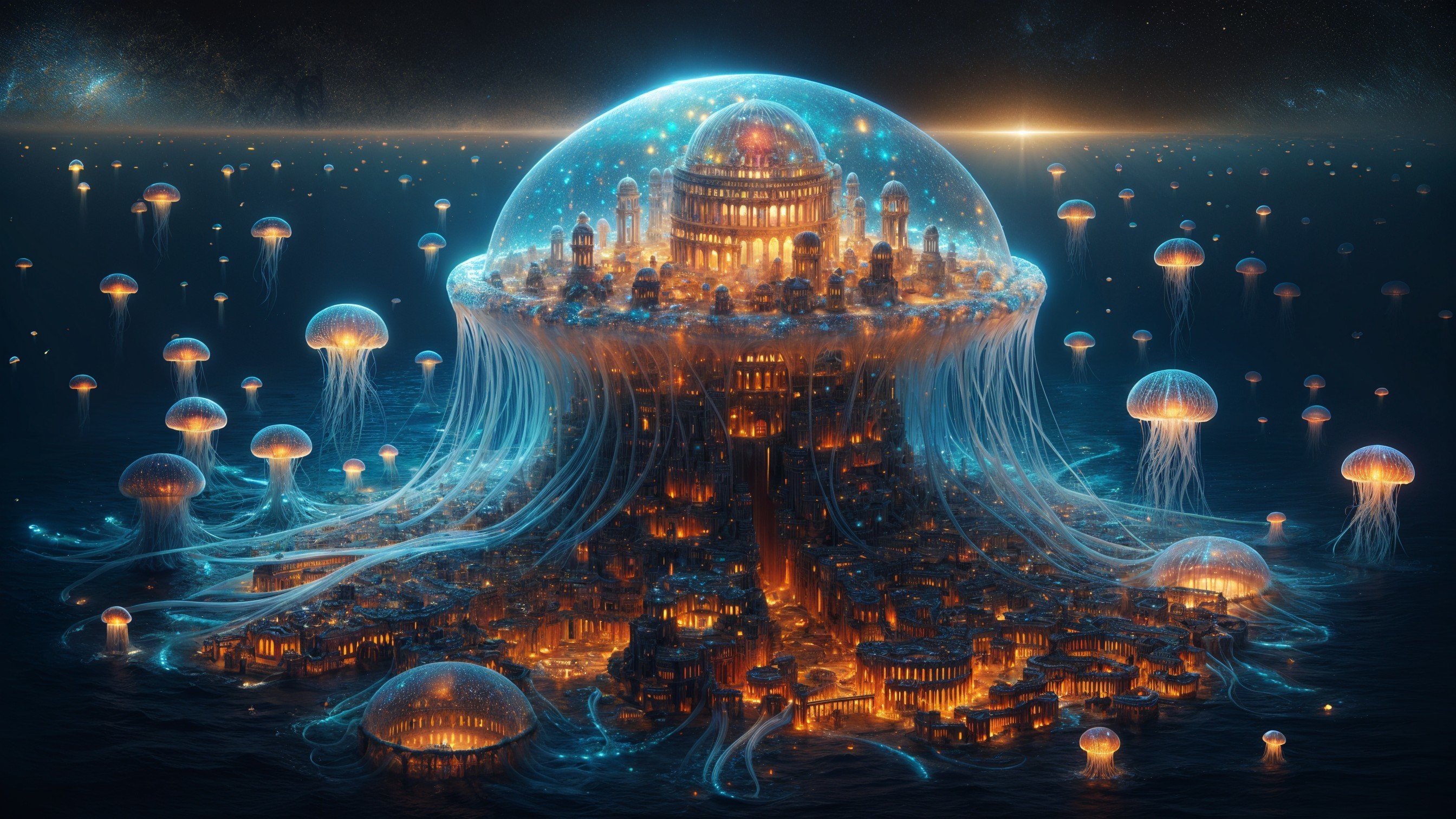 Futuristic Floating City Beneath a Shimmering Dome
