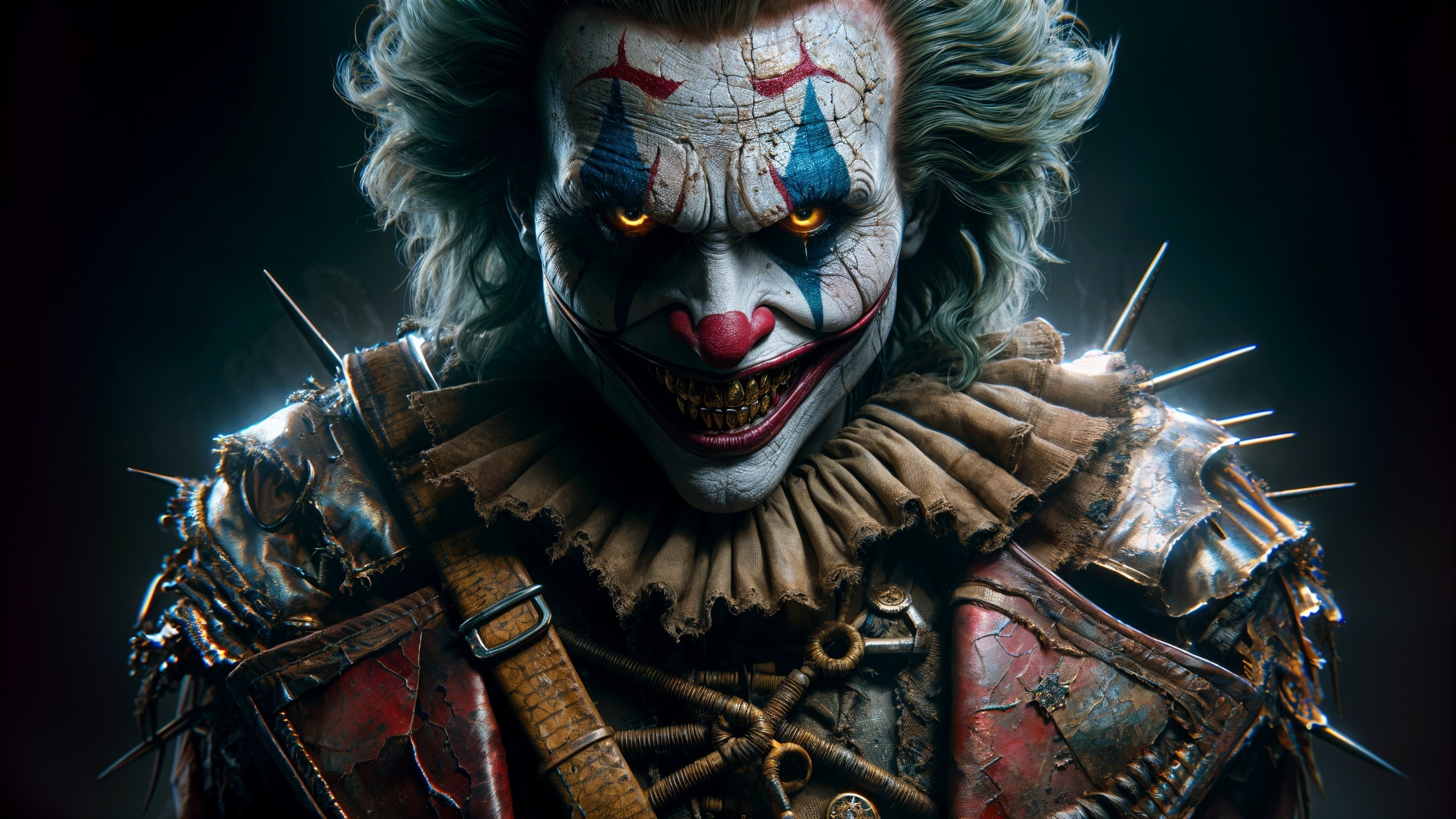 Sinister Clown with Exaggerated Makeup and Tattered Outfit