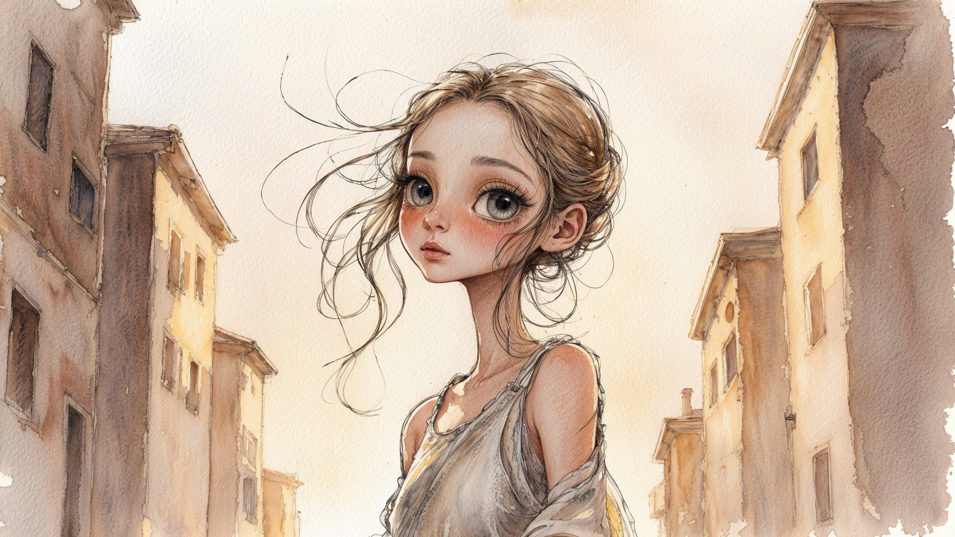 Watercolor Illustration of a Young Girl in a Dreamy Setting