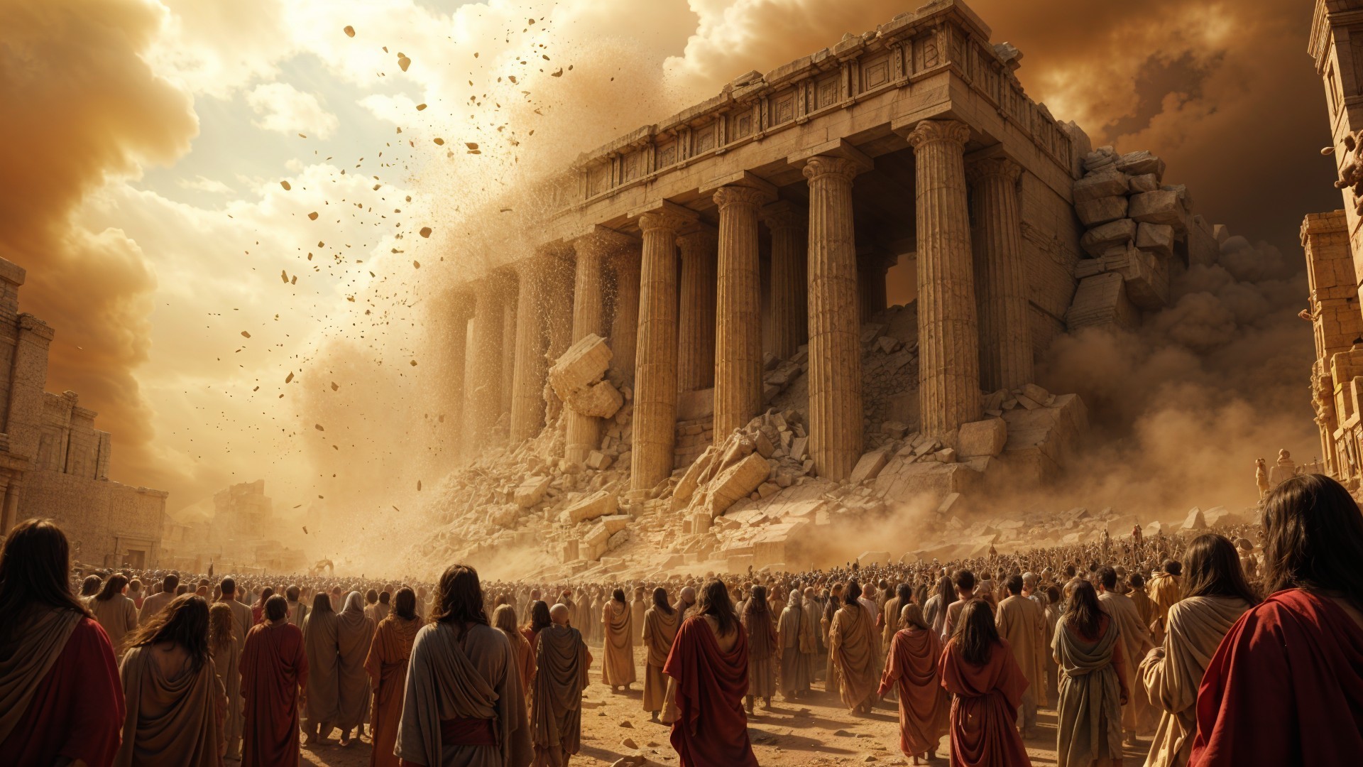 Temple Ruins Surrounded by Chaos and Dark Skies