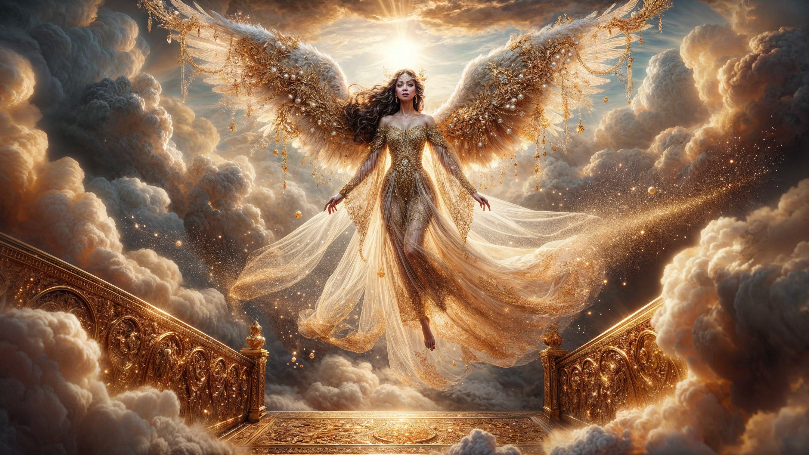 Ethereal Figure with Wings Amidst Swirling Clouds