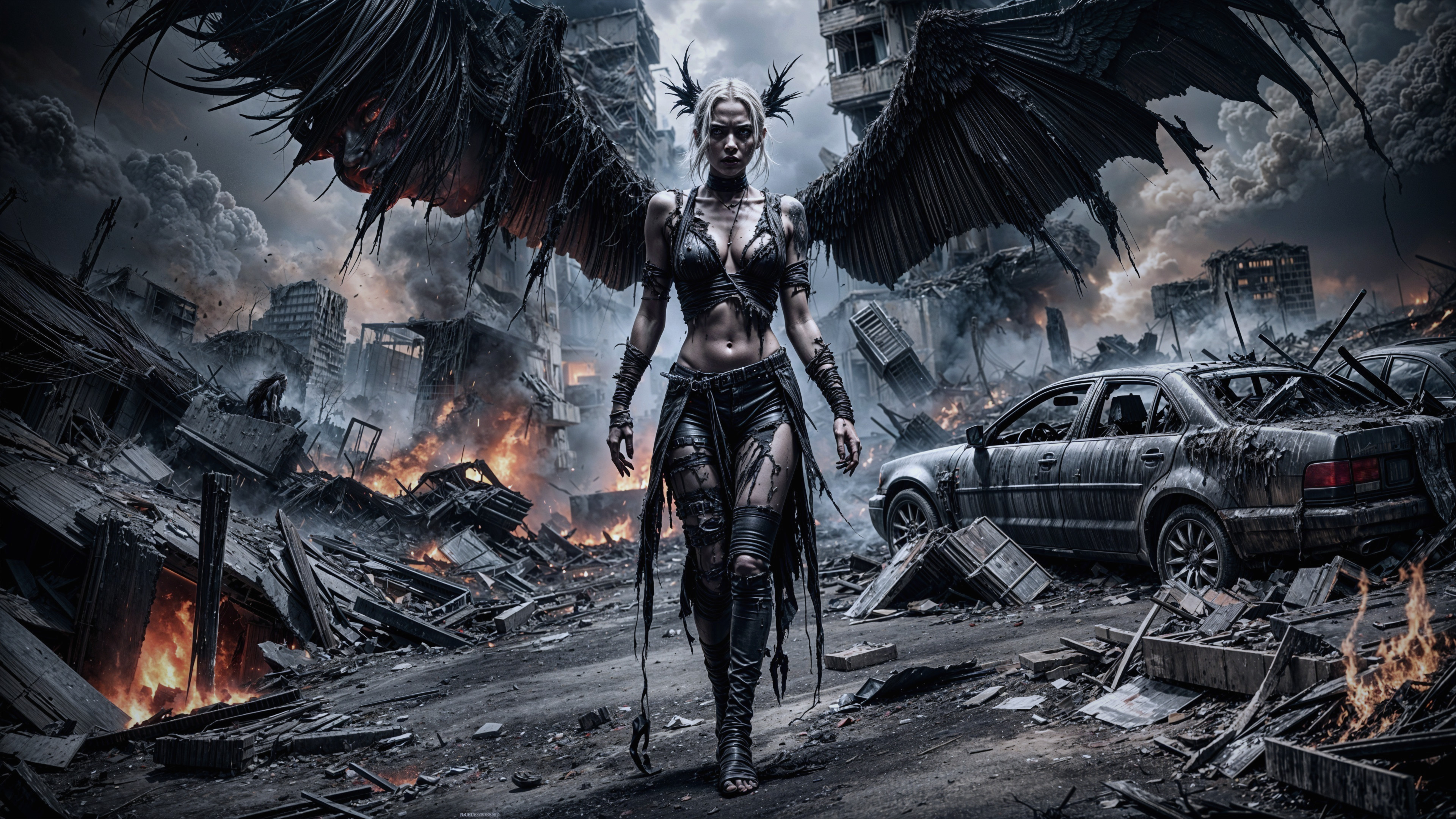 Fierce Female Figure in Dystopian Landscape with Wings
