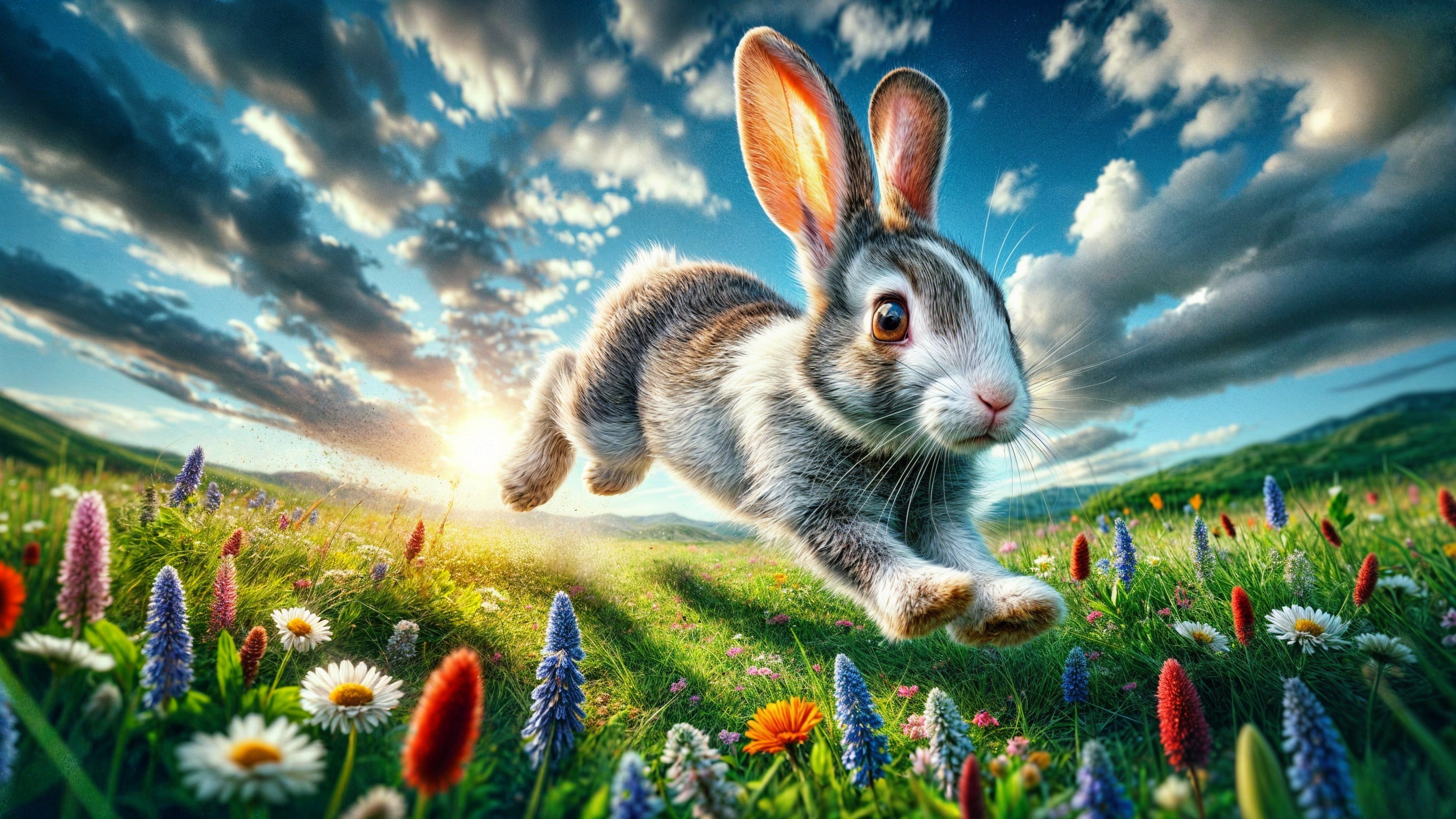 Playful Rabbit Leaping in a Colorful Meadow Scene