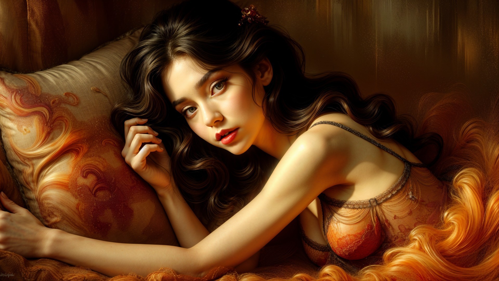 Portrait of a Woman with Flowing Hair and Lingerie