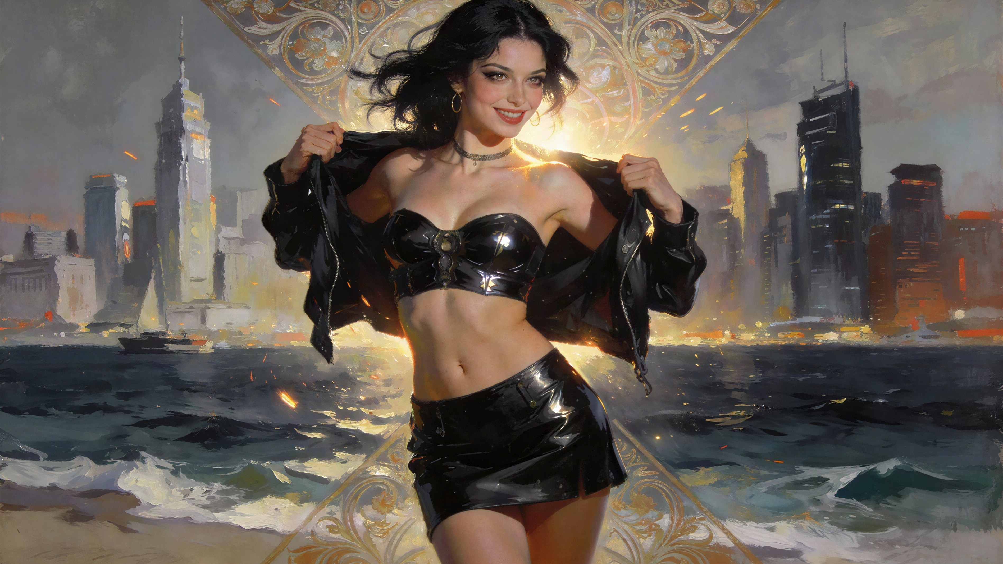 Woman in Leather Outfit Against City Skyline at Night