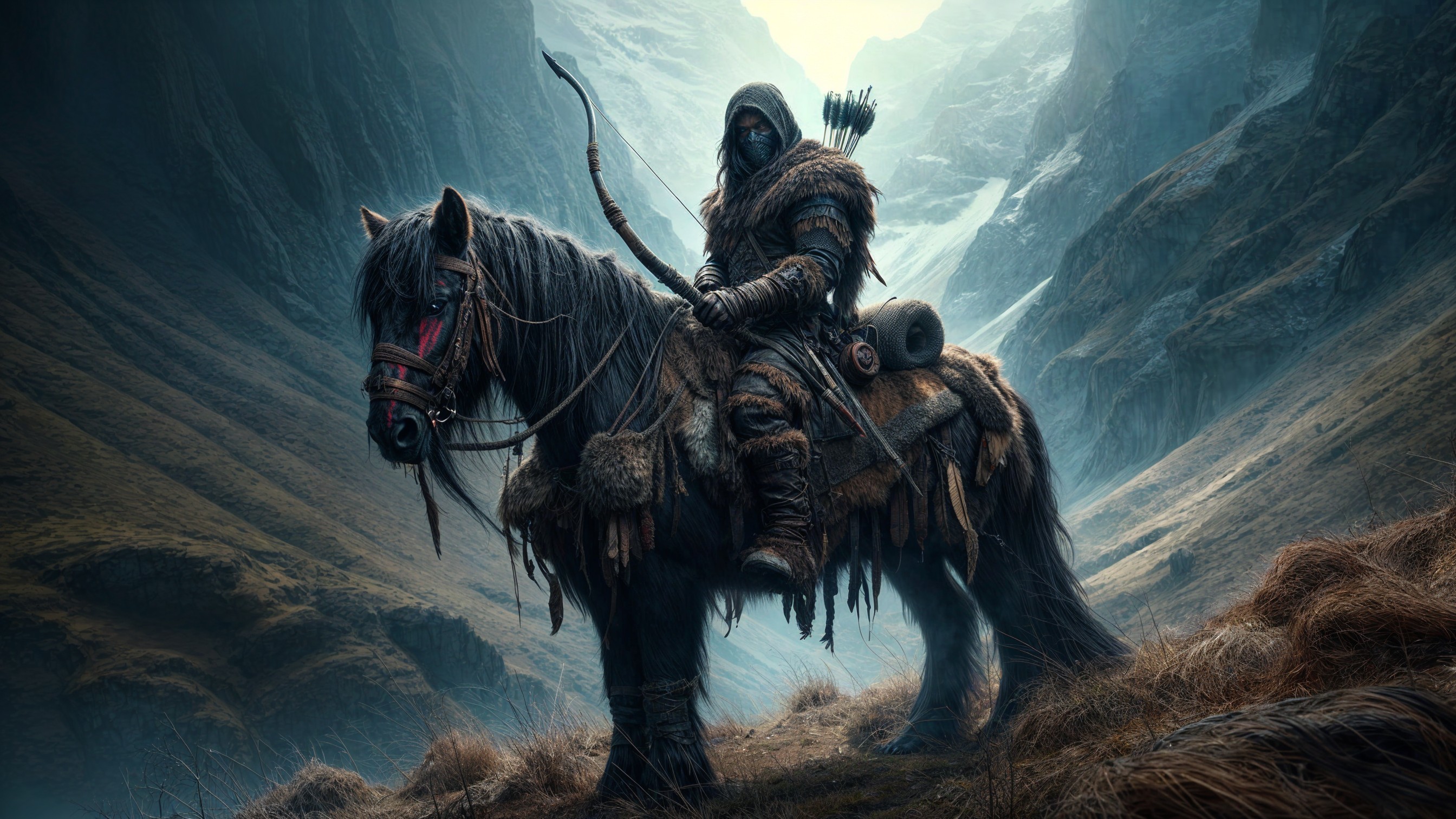 Mysterious Archer on Horse in Dramatic Mountain Scene