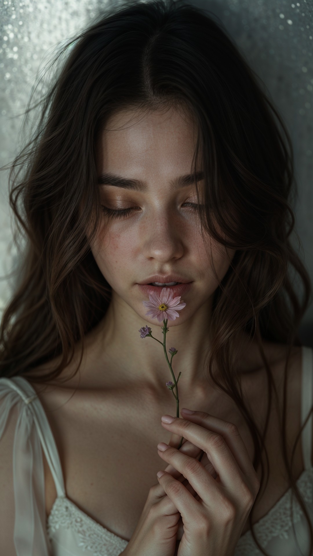 Young woman with flower in serene, soft light