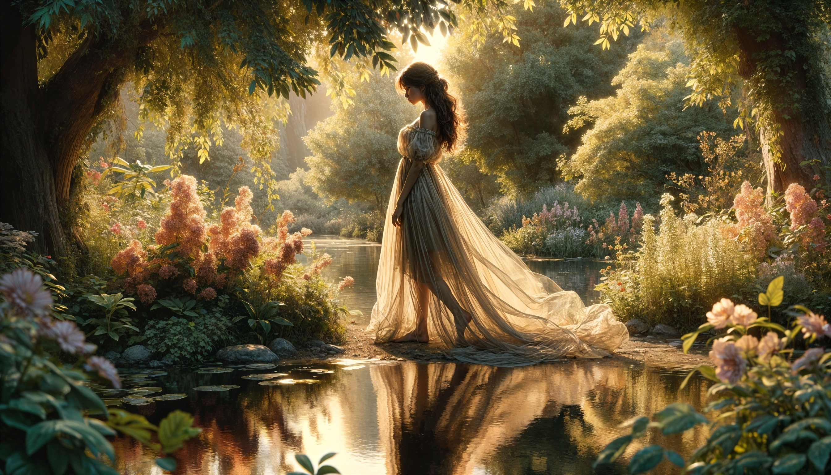 Woman in flowing gown by tranquil garden pond