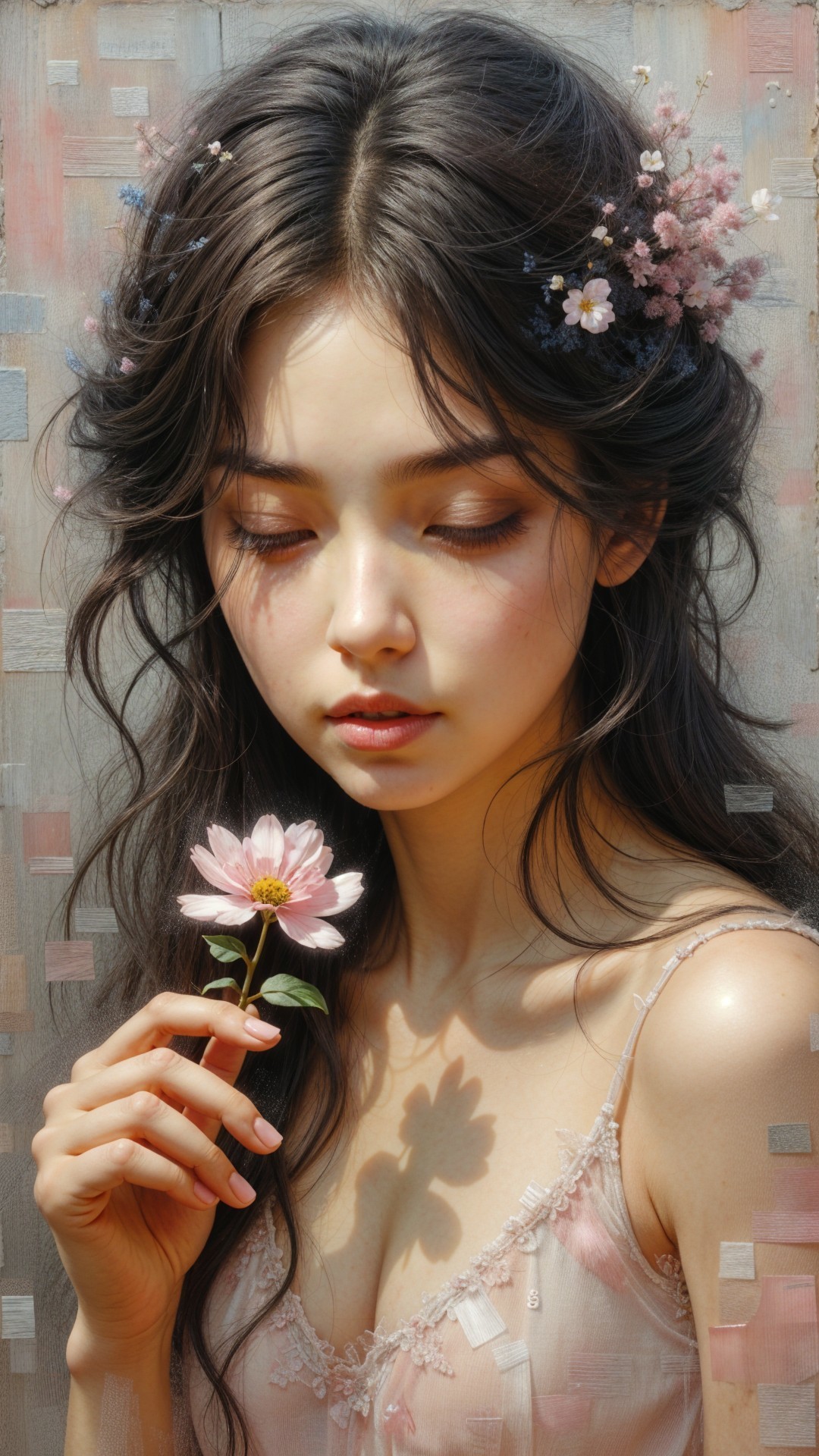 Young woman with flowers in serene, dreamlike setting