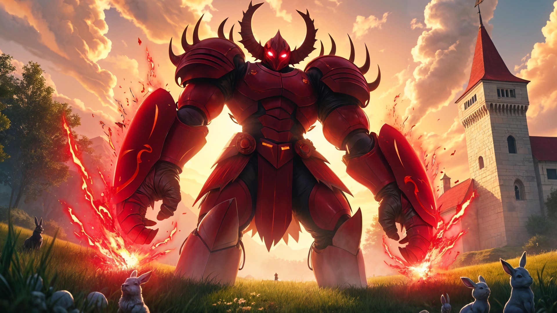 Armored Figure in Sunset Over Serene Landscape