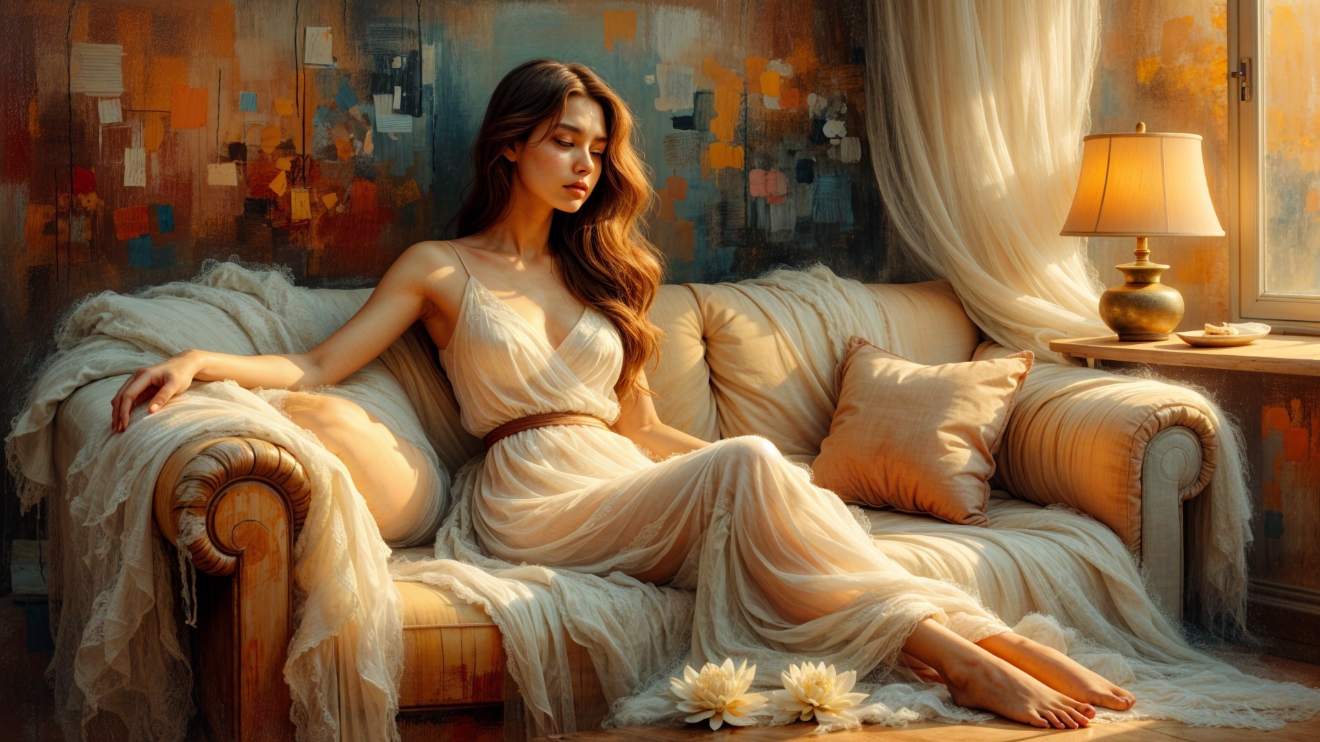 Serene Woman in Ethereal Dress on Vintage Sofa