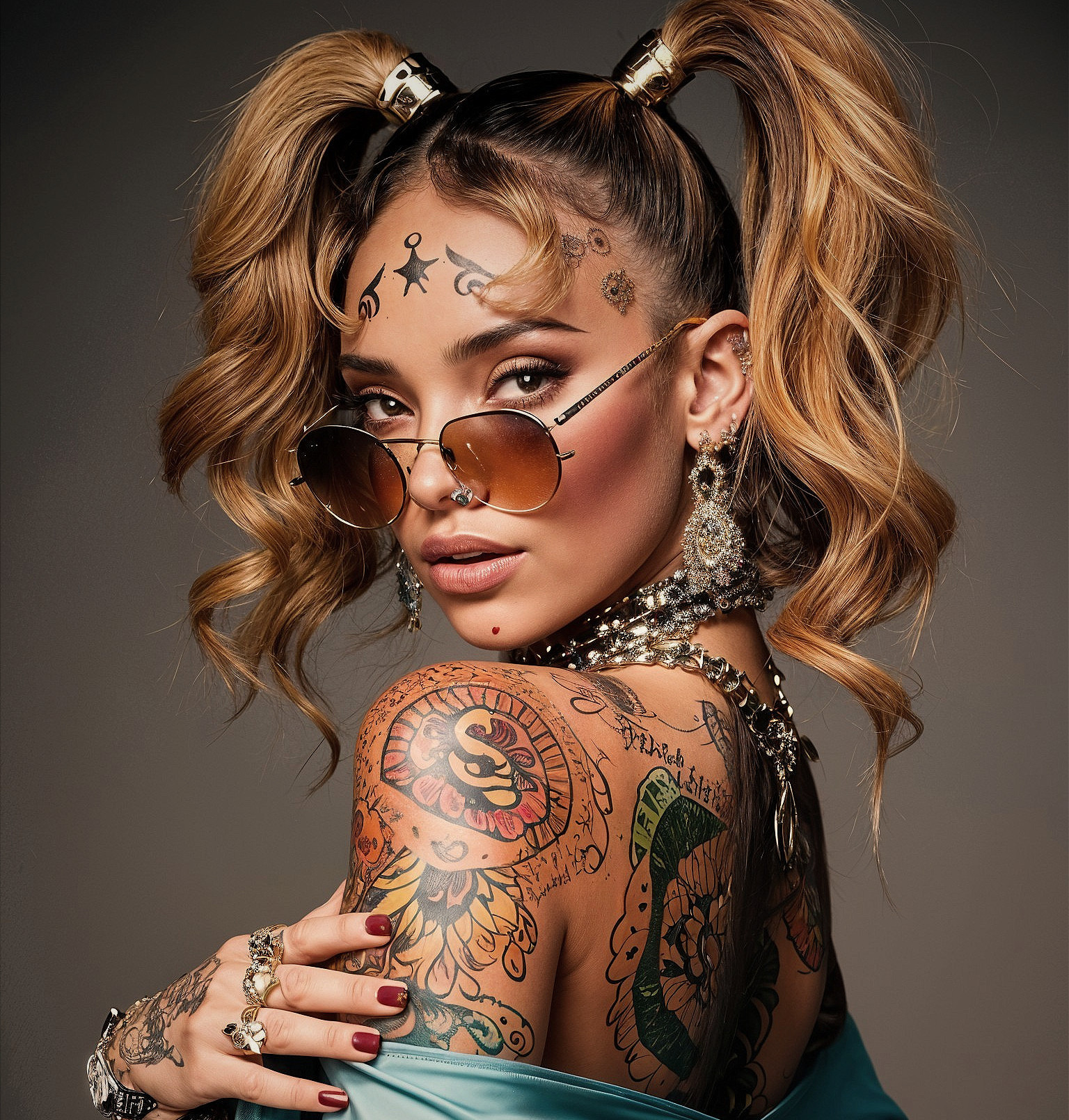 Stylish Individual with Pigtails and Tattoos