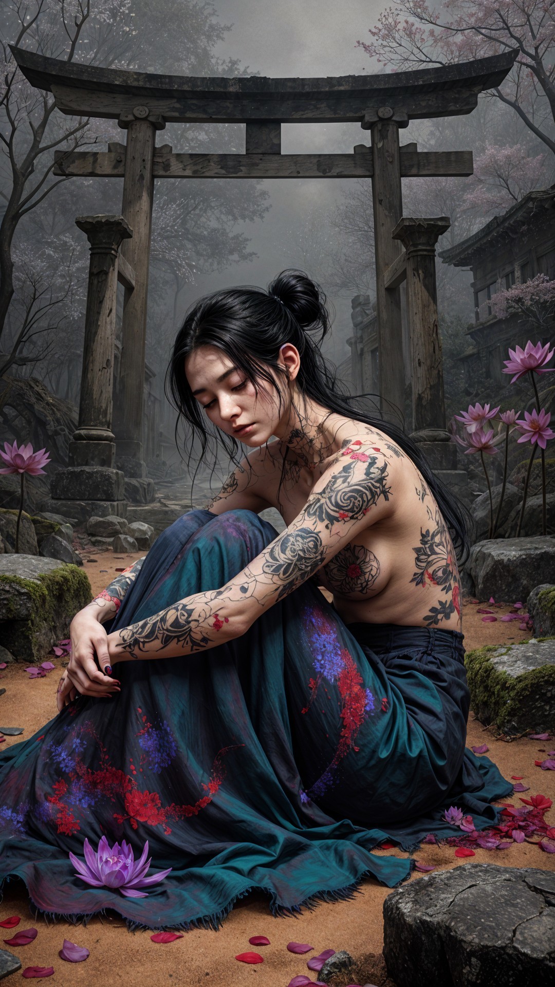 Serene Woman with Tattoos in Tranquil Nature Setting