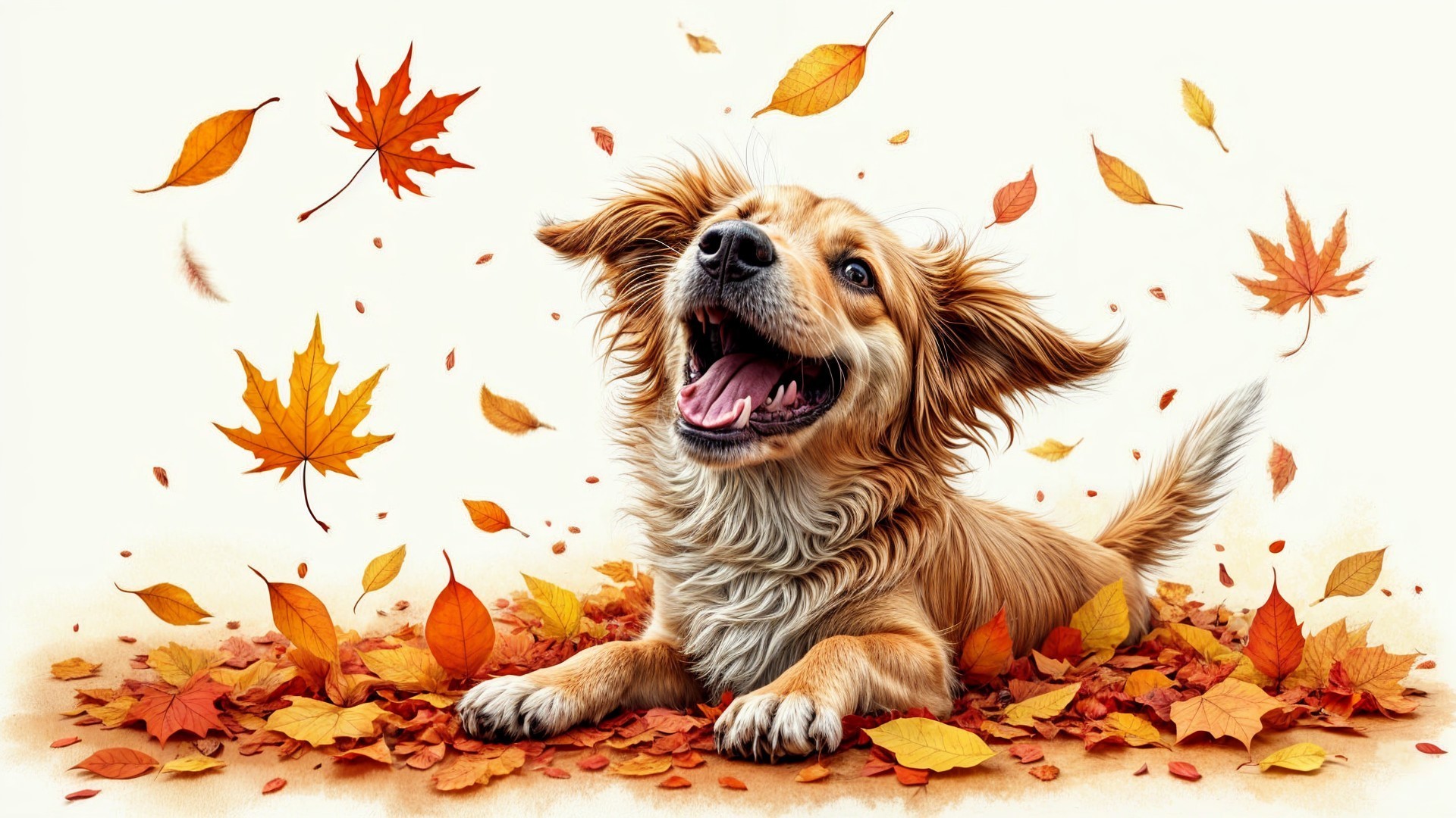 Golden Retriever Puppy Among Colorful Autumn Leaves