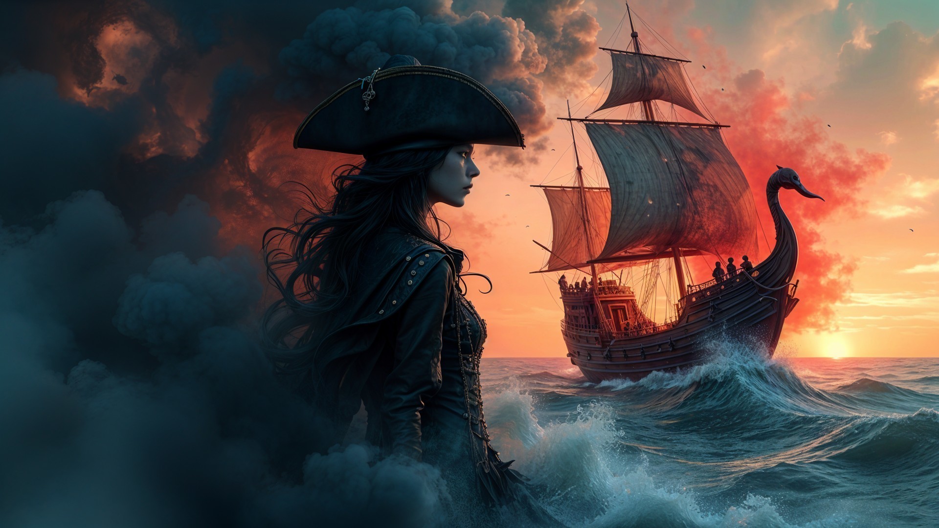 Mysterious Pirate Silhouette Against Dramatic Sunset