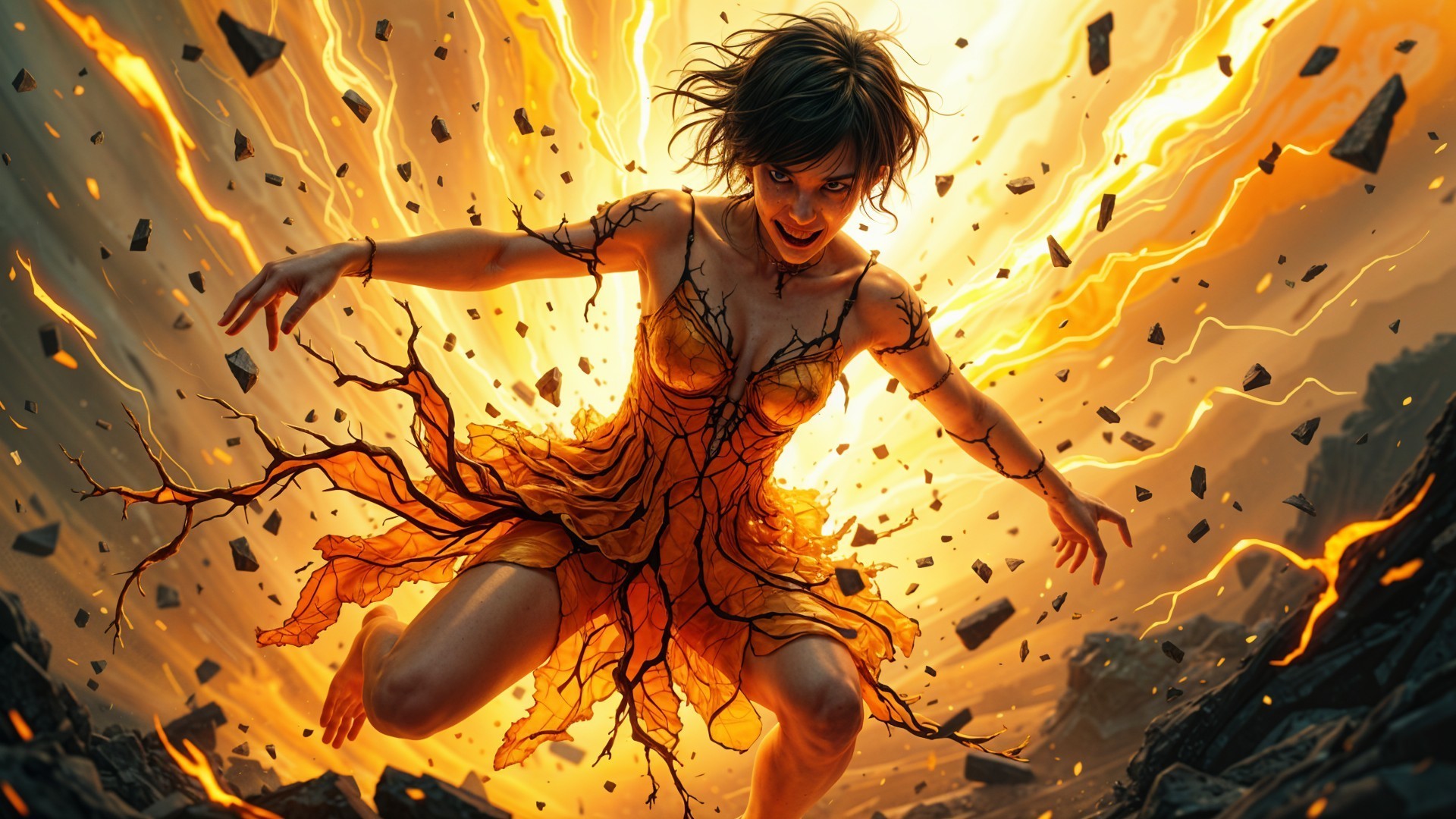 Dynamic Figure in Fiery Molten Landscape Scene