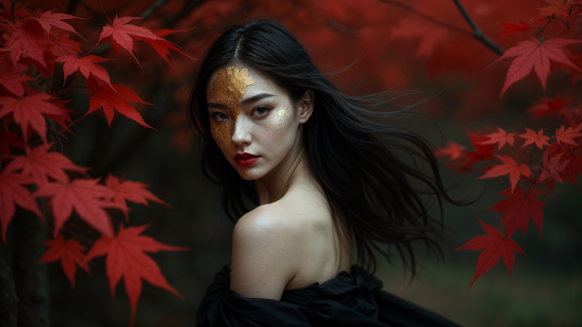 Young Woman in Autumn with Gold and Maple Leaves