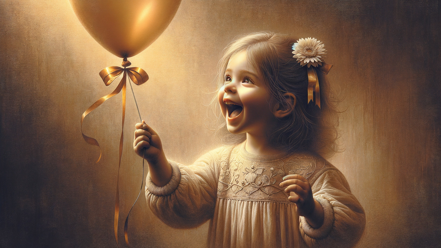 Joyful young girl with golden balloon and charming dress