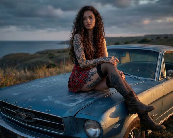 Woman with tattoos sitting on vintage Mustang at ocean cliff