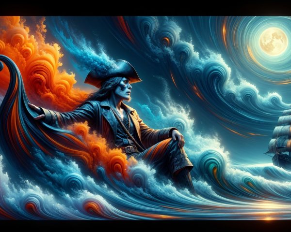 Pirate Figure Amidst Vibrant Ocean Waves and Ship