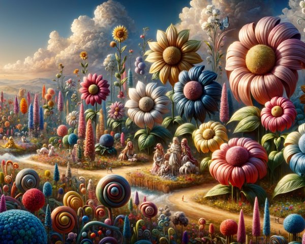 Whimsical Landscape with Oversized Colorful Flowers