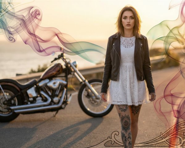 Young Woman in Leather Jacket by Motorcycle and Ocean