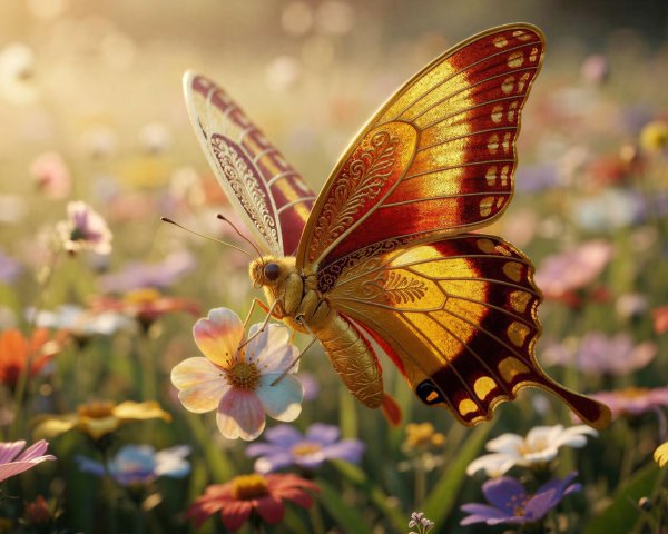 Close-Up of a Golden and Red Butterfly on Flower