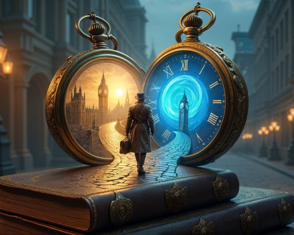 Mysterious Figure and Ornate Pocket Watches Scene