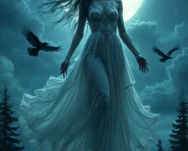 Mystical figure in gown with crows and full moon backdrop