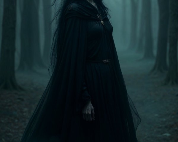 Mysterious Figure in Foggy Forest with Ravens
