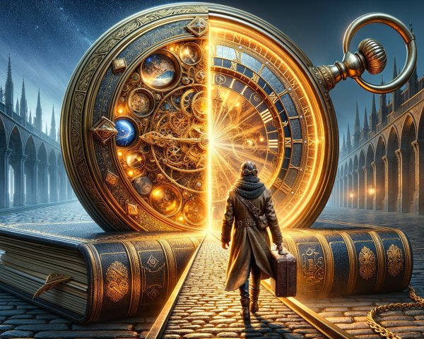 Oversized Pocket Watch Amidst Open Books and Arches