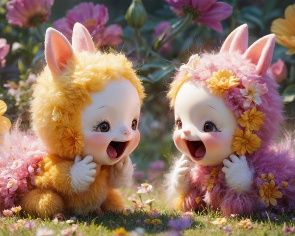 Whimsical Creatures in a Colorful Flower Garden