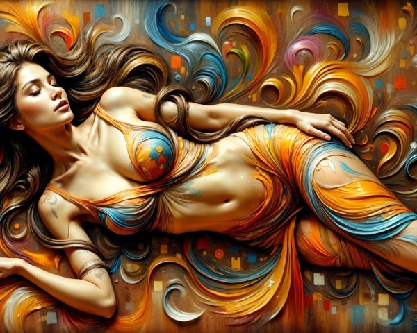 Stylized figure among vibrant swirls of color