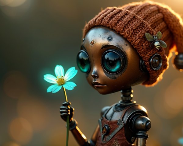 Whimsical Robot in Sunlit Meadow with Blue Flower