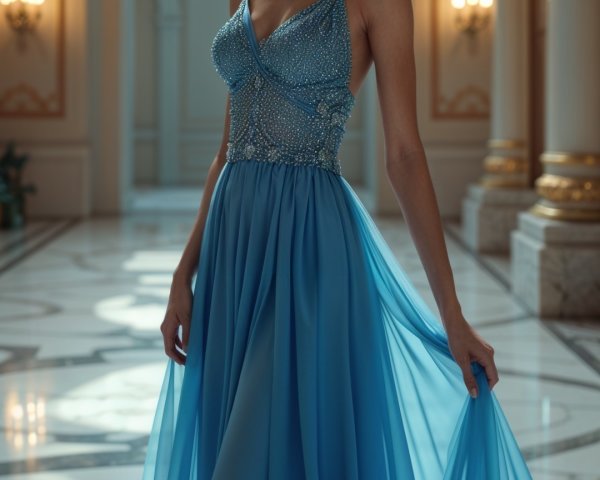Elegant Woman in Blue Gown in Grand Hall Setting