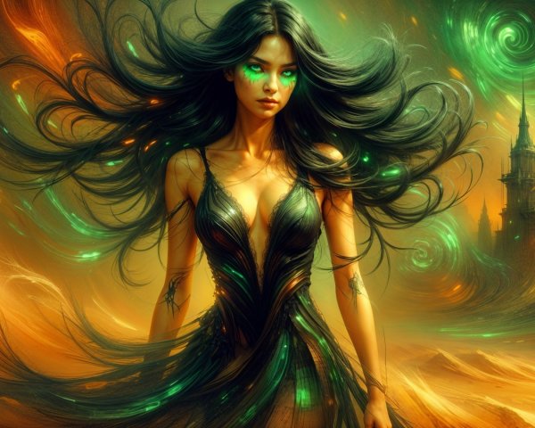 Ethereal Figure in Dark Gown with Vibrant Hues