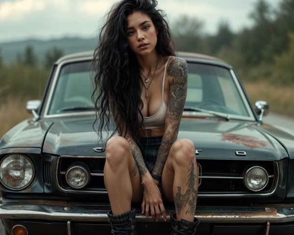 Young Woman on Vintage Mustang in Scenic Landscape
