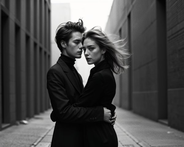 Black and White Portrait of a Couple in Alleyway