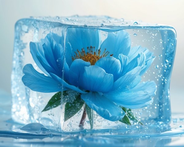 Blue Flower Encased in Transparent Ice Cube