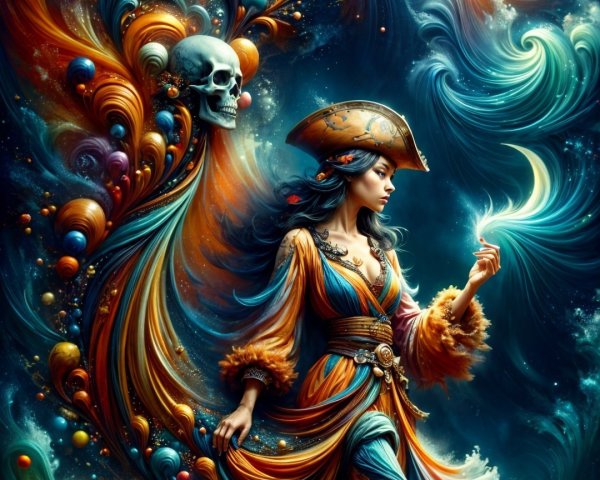 Mystical Pirate Woman in Cosmic Colorful Scene