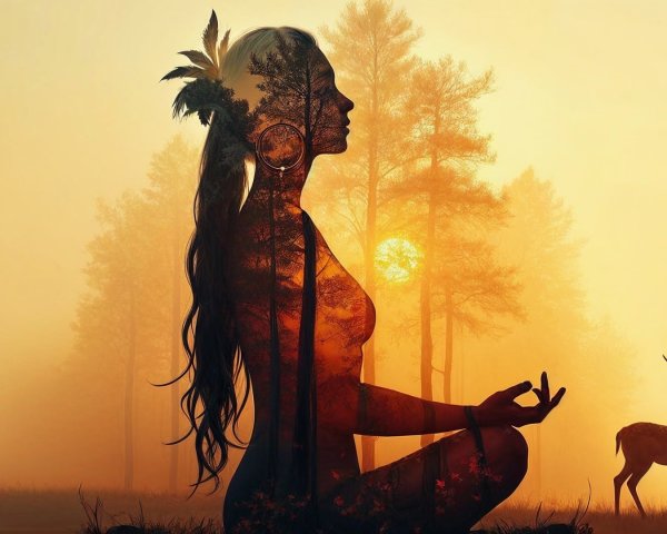 Silhouette of a Woman Meditating at Sunset with Deer