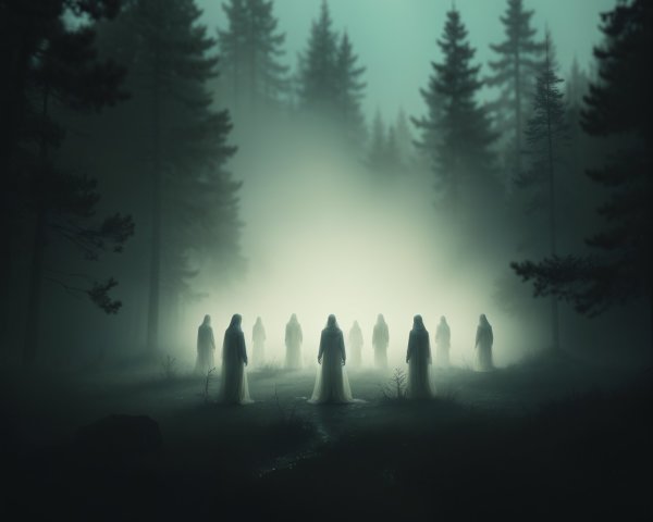 Cloaked Figures in a Misty Forest Circle