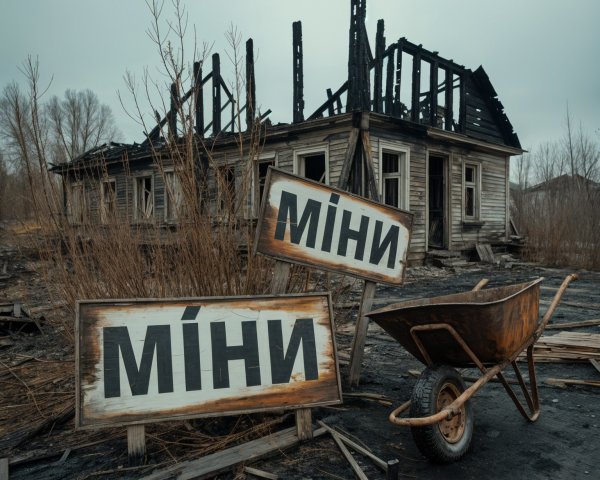 Desolate Landscape with Charred Building and Signs