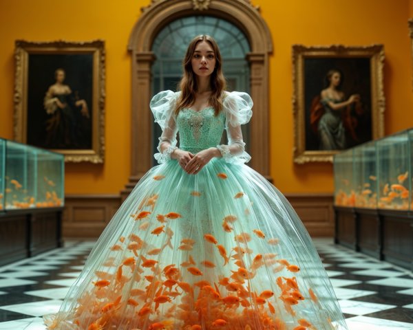 Young Woman in Whimsical Gown in Art Gallery