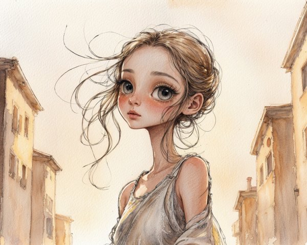 Watercolor Illustration of a Young Girl in a Dreamy Setting