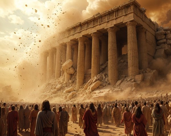 Temple Ruins Surrounded by Chaos and Dark Skies