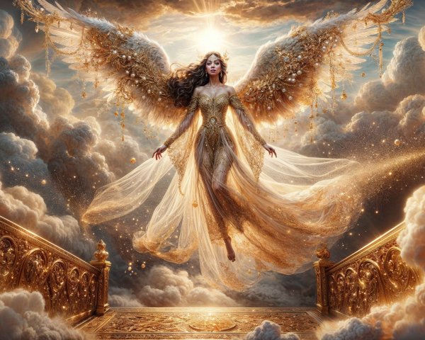 Ethereal Figure with Wings Amidst Swirling Clouds